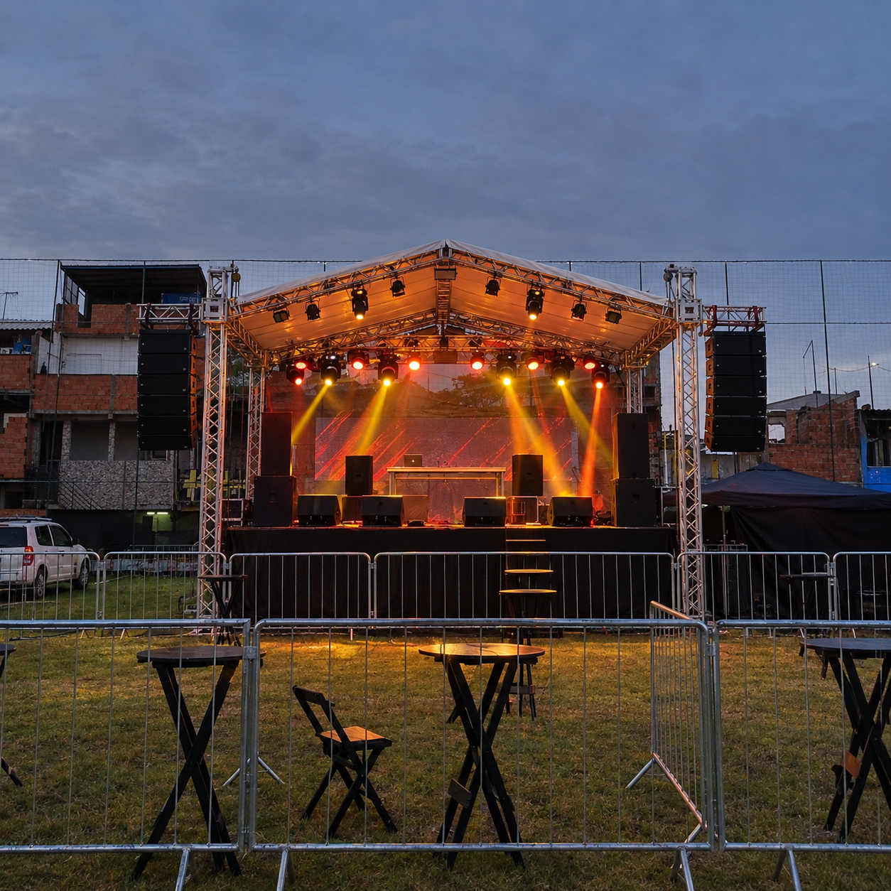 Estrutura de palco da ASL Eventos com iluminação colorida